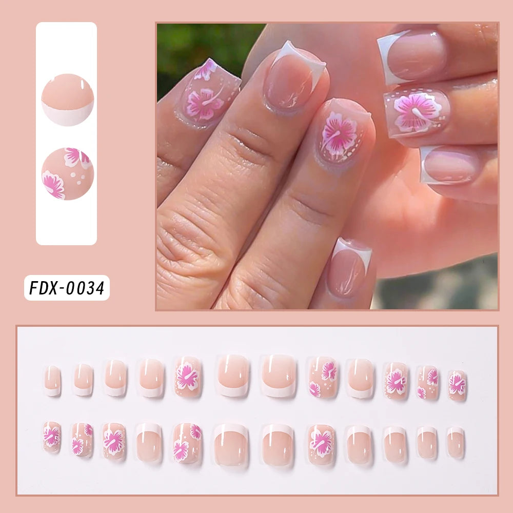 24Pcs Pink Leopard Print French Tips False Nails Short Square Head 3D Black Bowknot Fake Nails Acrylic Full Cover Press on Nails